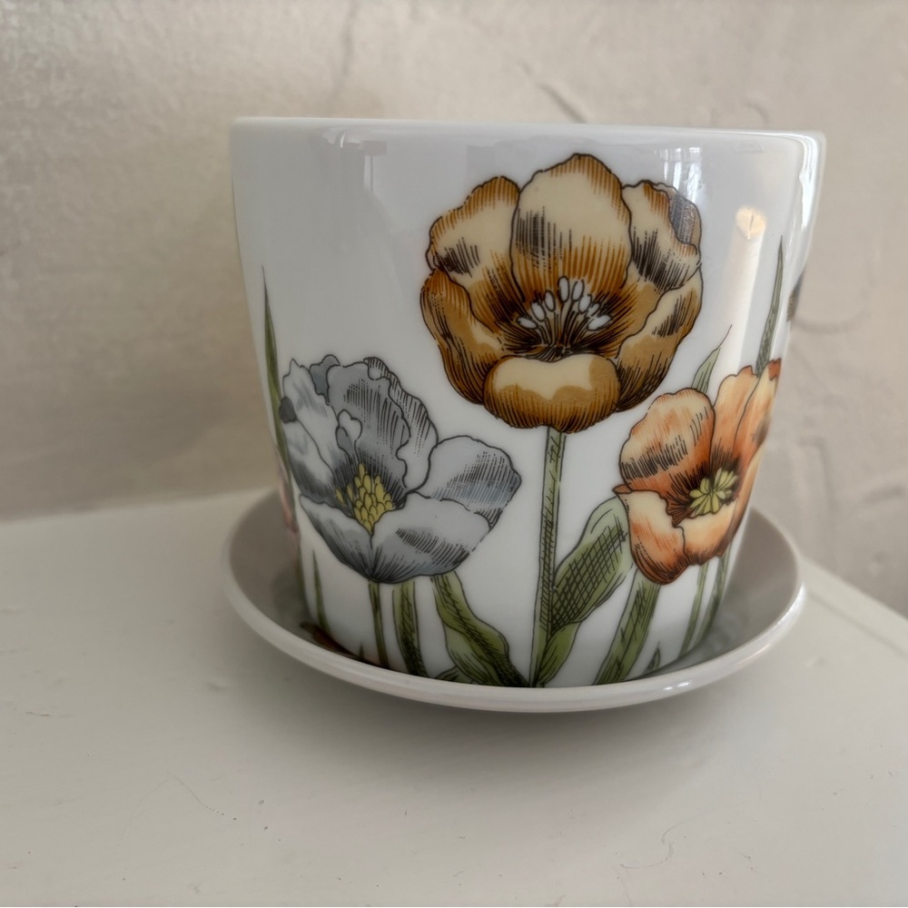 Vintage Fitz & Floyd Pastel Poppy Ceramic Planter w/ Saucer 1976